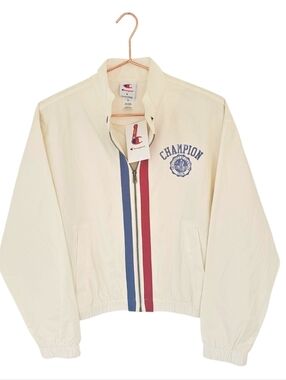 Champion Cream Striped Zip Front Campus Layering Jacket Large NWT